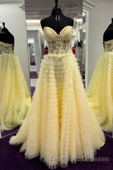 Yellow Lace-Up Floral Multi-Layers Strapless A-line Long Evening Prom Dresses